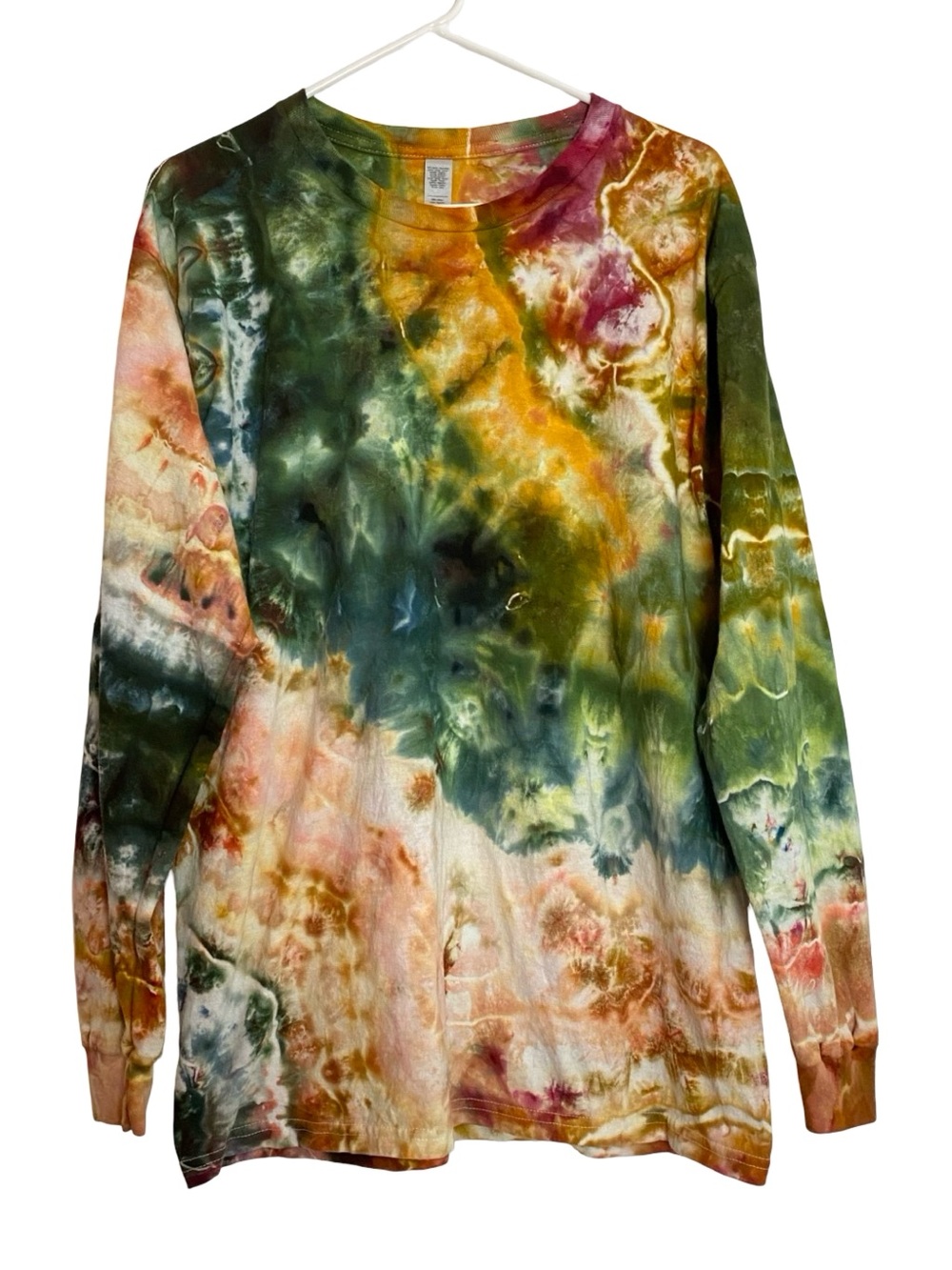 Handmade Ice Tie Dye Long Sleeve Tee Tshirt Mens Unisex Size Large Green Multi